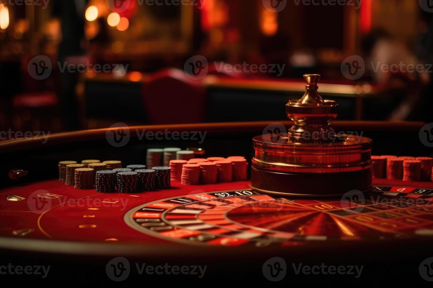 Roulette wheel, in the middle of the table on the casino table. photo