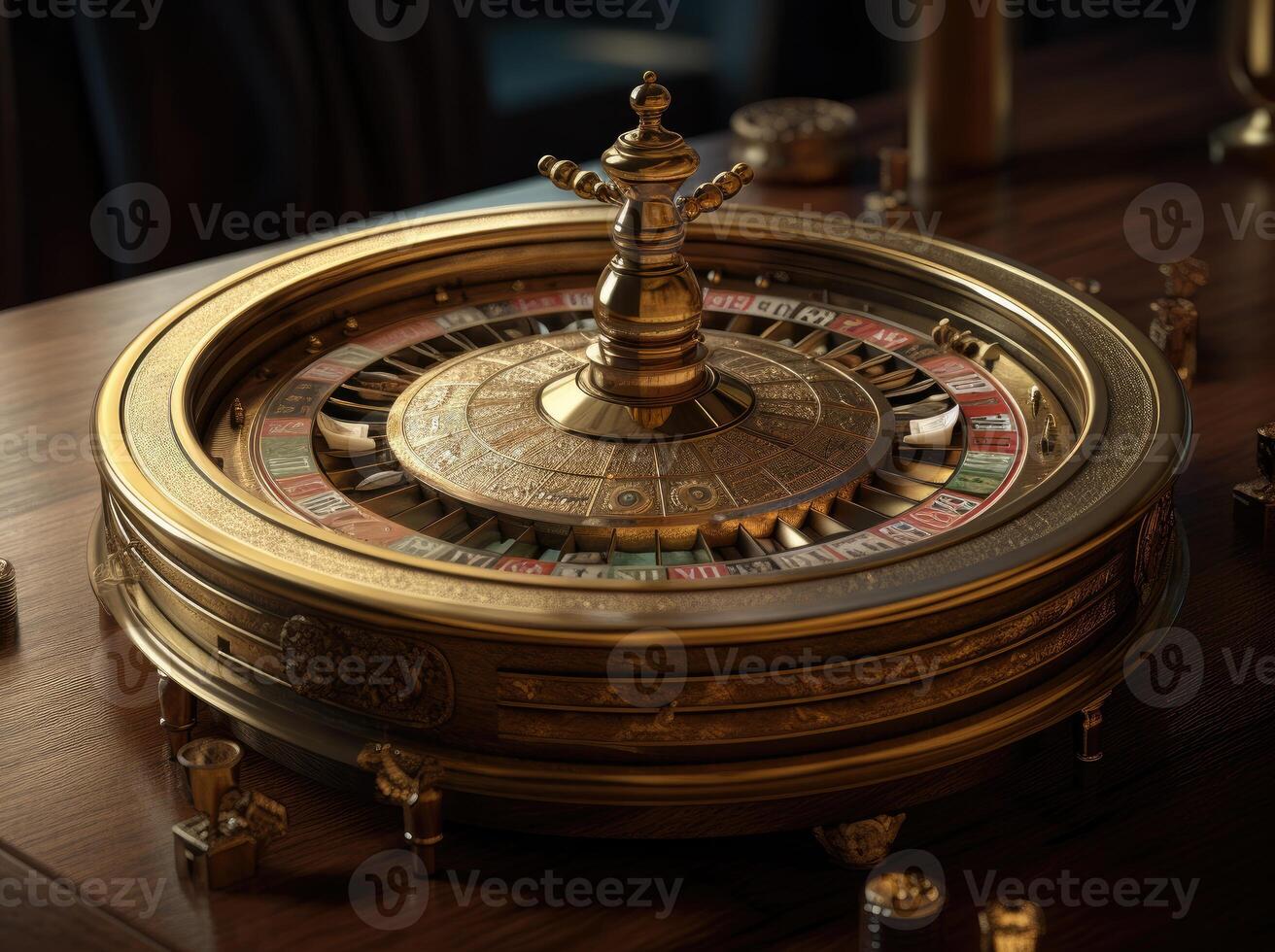 Roulette wheel, in the middle of the table on the casino table. photo