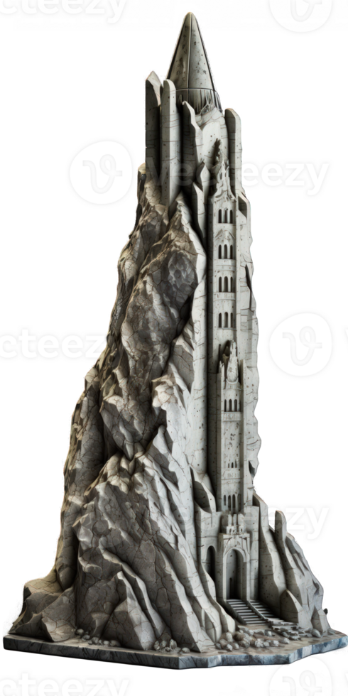 A stunning, tall skyscraper made entirely of beautiful stone stands proudly against a clean and transparent background. png