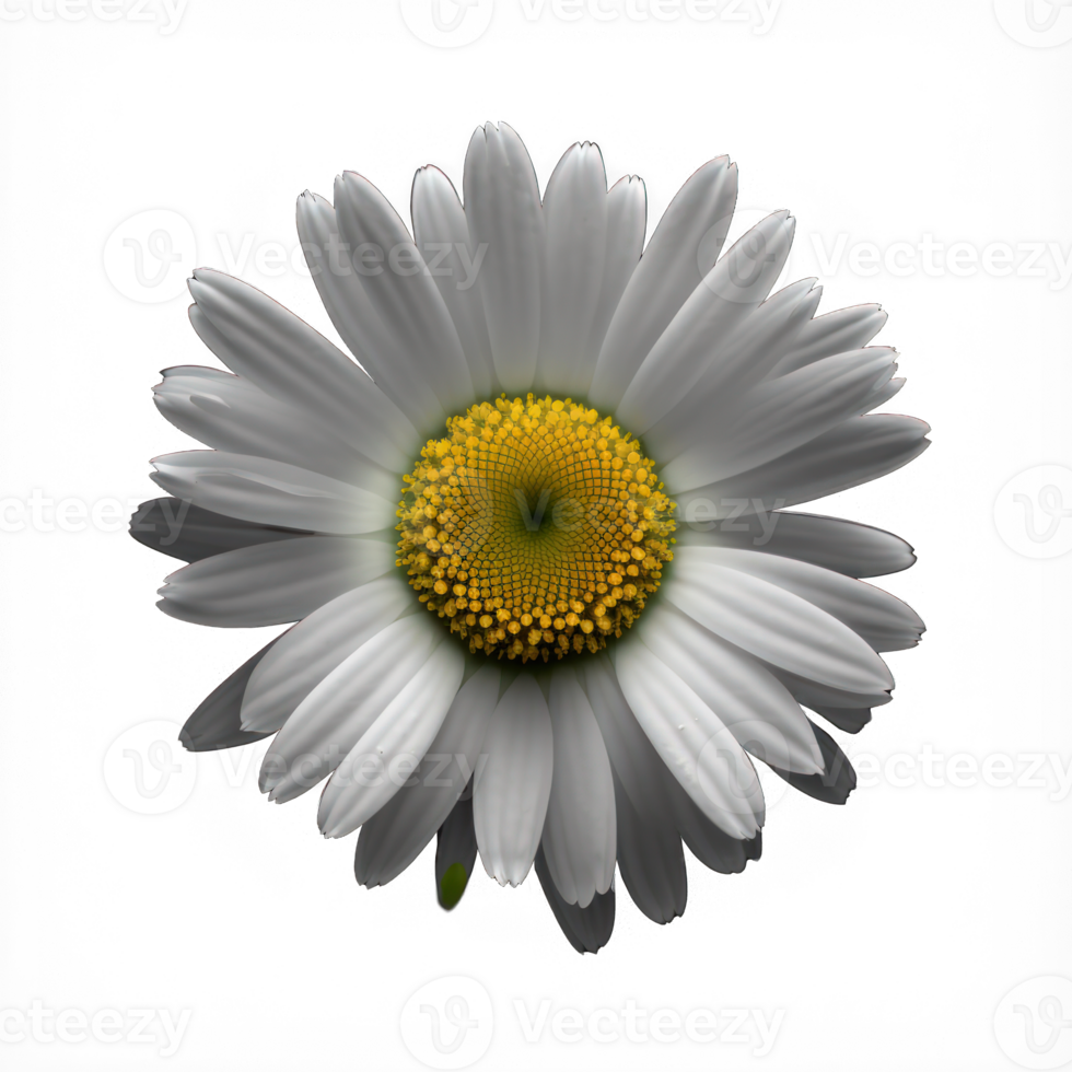 This image features a lifelike daisy flower with delicate white petals and a yellow center, set against a clear and see-through background. png