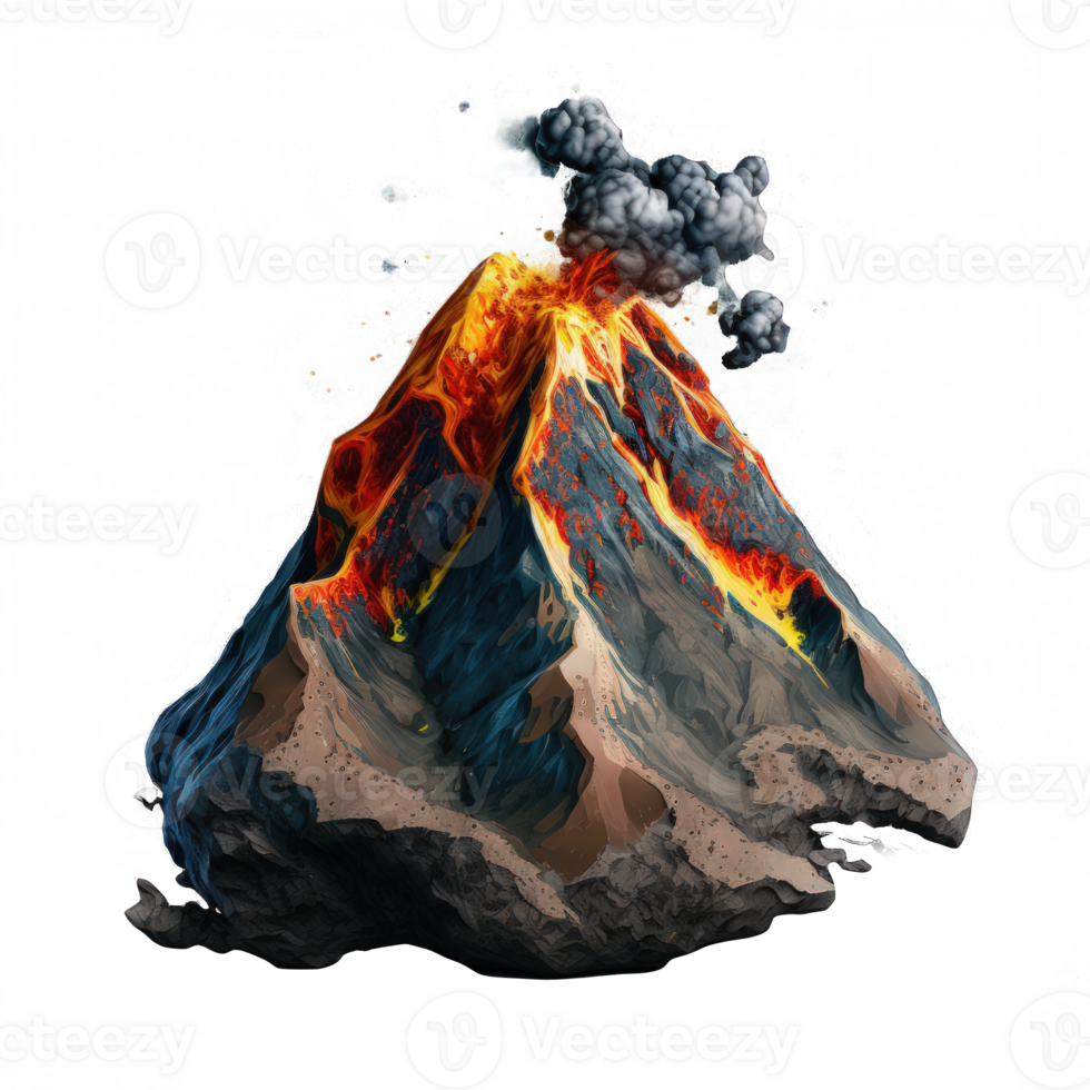 A stunningly realistic volcano image that appears to be floating in the air against a transparent background. png