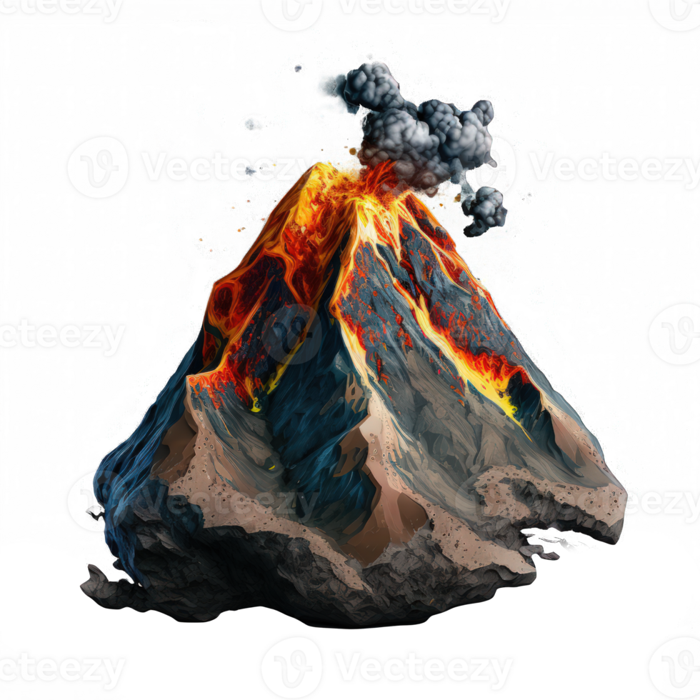 A stunningly realistic volcano image that appears to be floating in the air against a transparent background. png