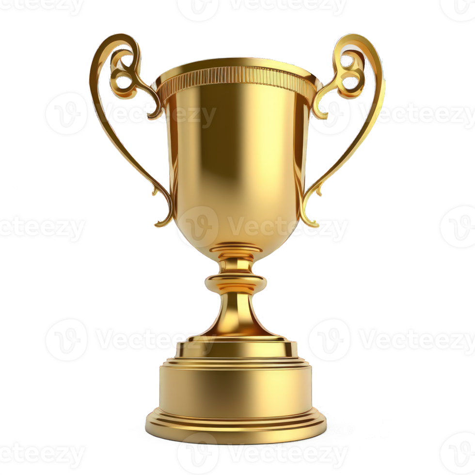 The image depicts a stunning, realistic golden trophy that is beautifully displayed on a perfectly clear and transparent background. png