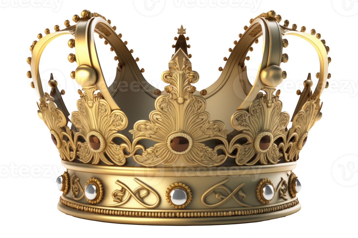 A sparkling, regal golden crown, intricately designed with realistic etchings and textures, gracefully floating in mid-air against a clear, transparent background. png