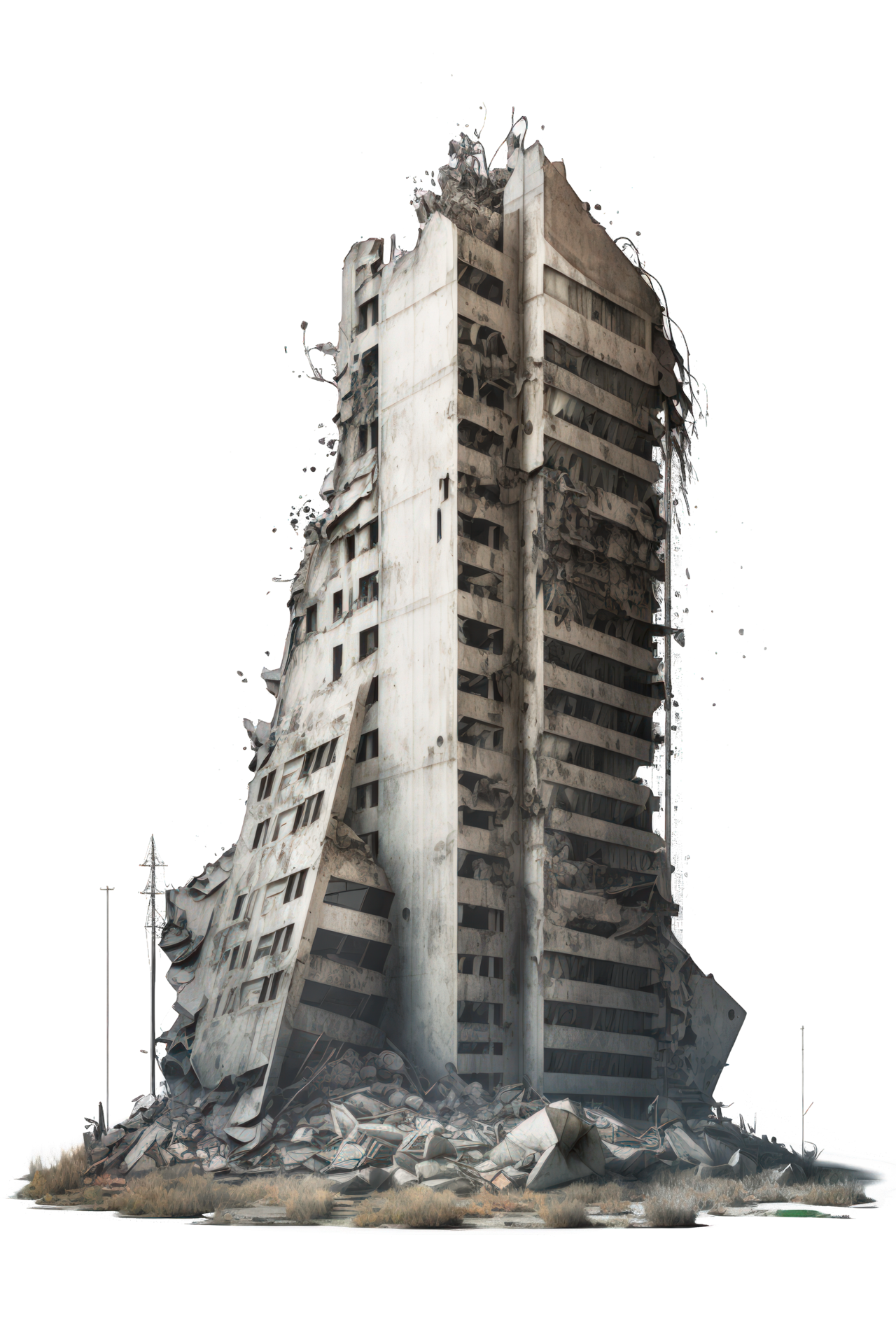 The image depicts a series of ruined skyscrapers that appear to have