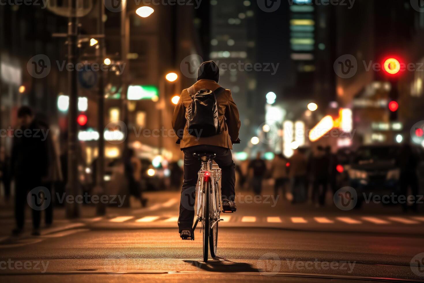 Photo of a person riding a bike in the city crowd under the lights at night in the city, and among the crowds of people. .