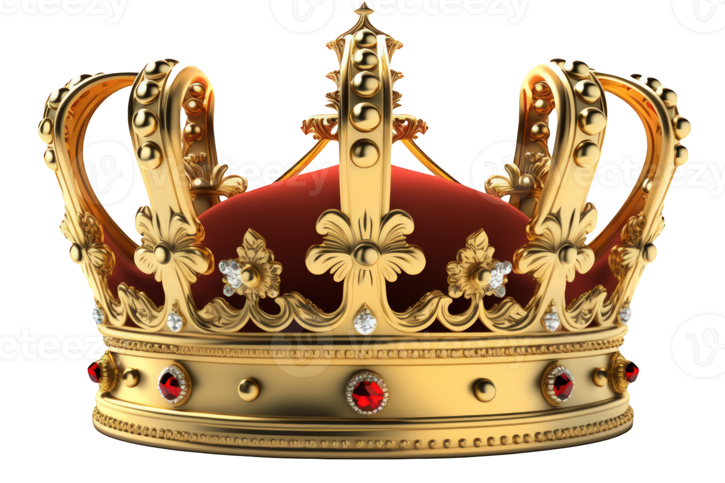 A stunning and intricately designed golden crown, perfectly crafted with a realistic touch, sits majestically on a clear and transparent background. png