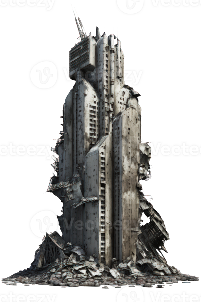 The image depicts a post-apocalyptic scene of ruined skyscrapers towering over the desolate landscape, all set against a transparent background. png