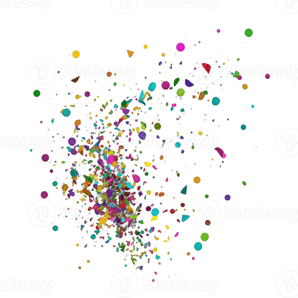 en färgrik explosion frysta i tid, spridd konfetti av olika former och storlekar flytande mot en transparent bakgrund.generativ ai png