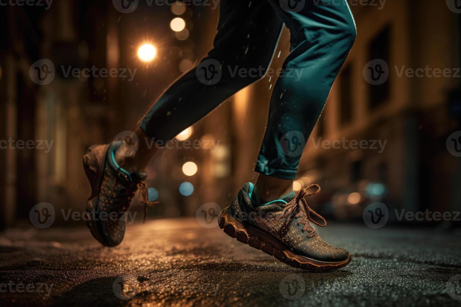 Photo of an athlete jogging in front of bokeh lights at night in the city.