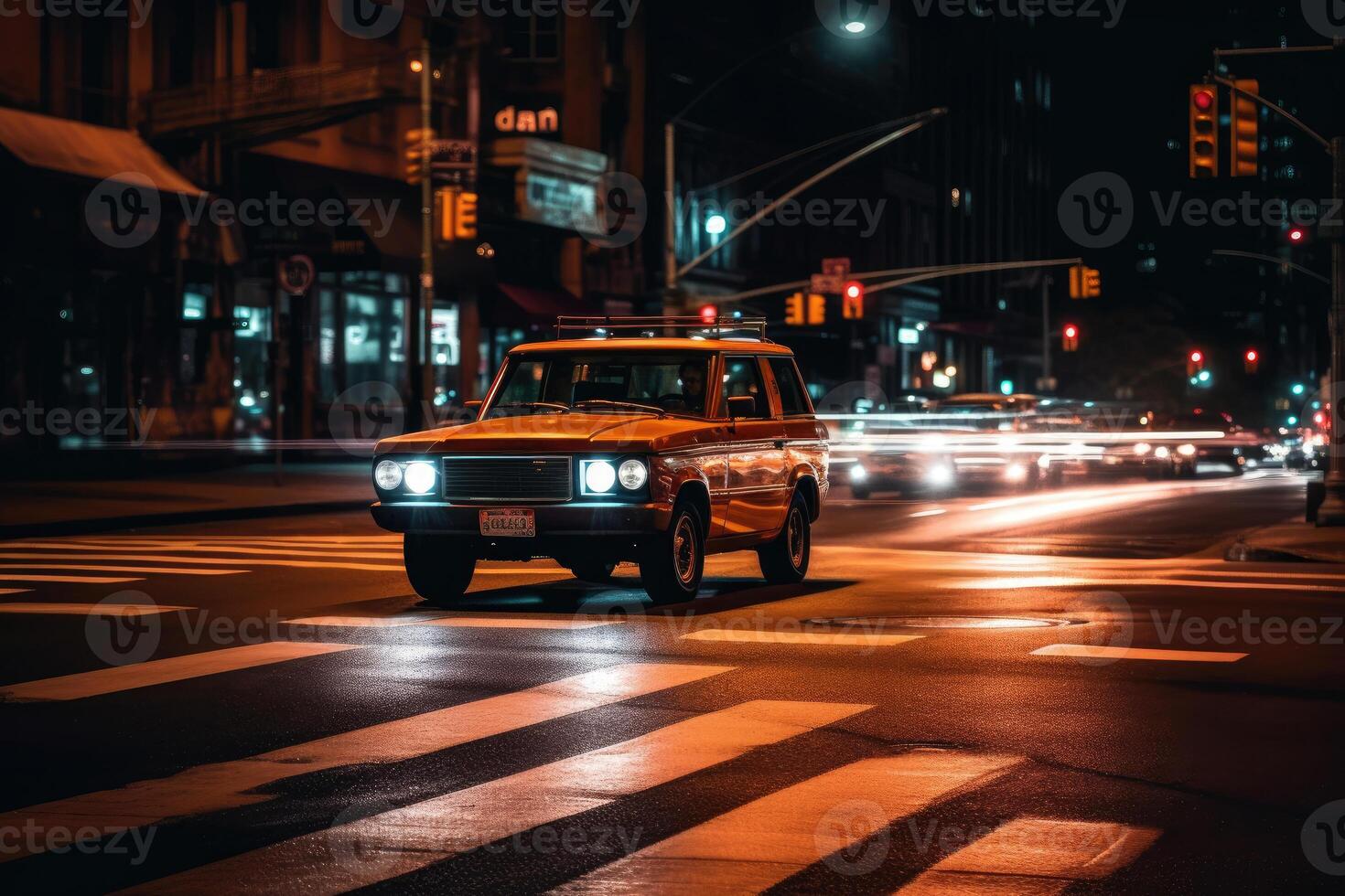 Photo of night city lights and traffic speeding by cars. Bokeh effect background.