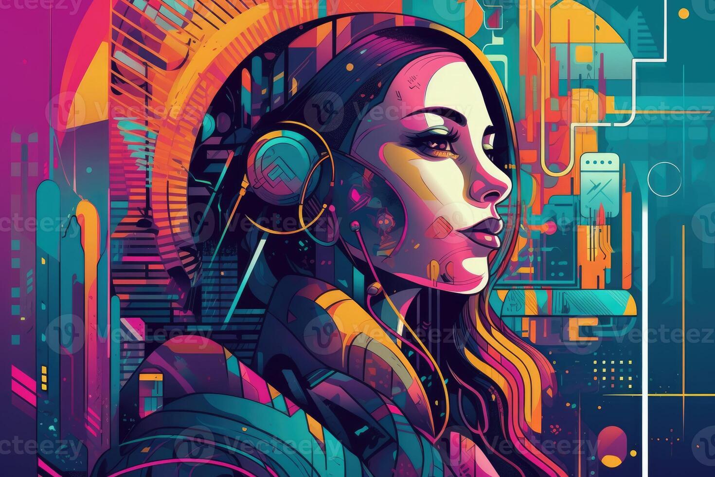 Abstract and retro futuristic robot woman illustration with multiple color laser neon effect. photo