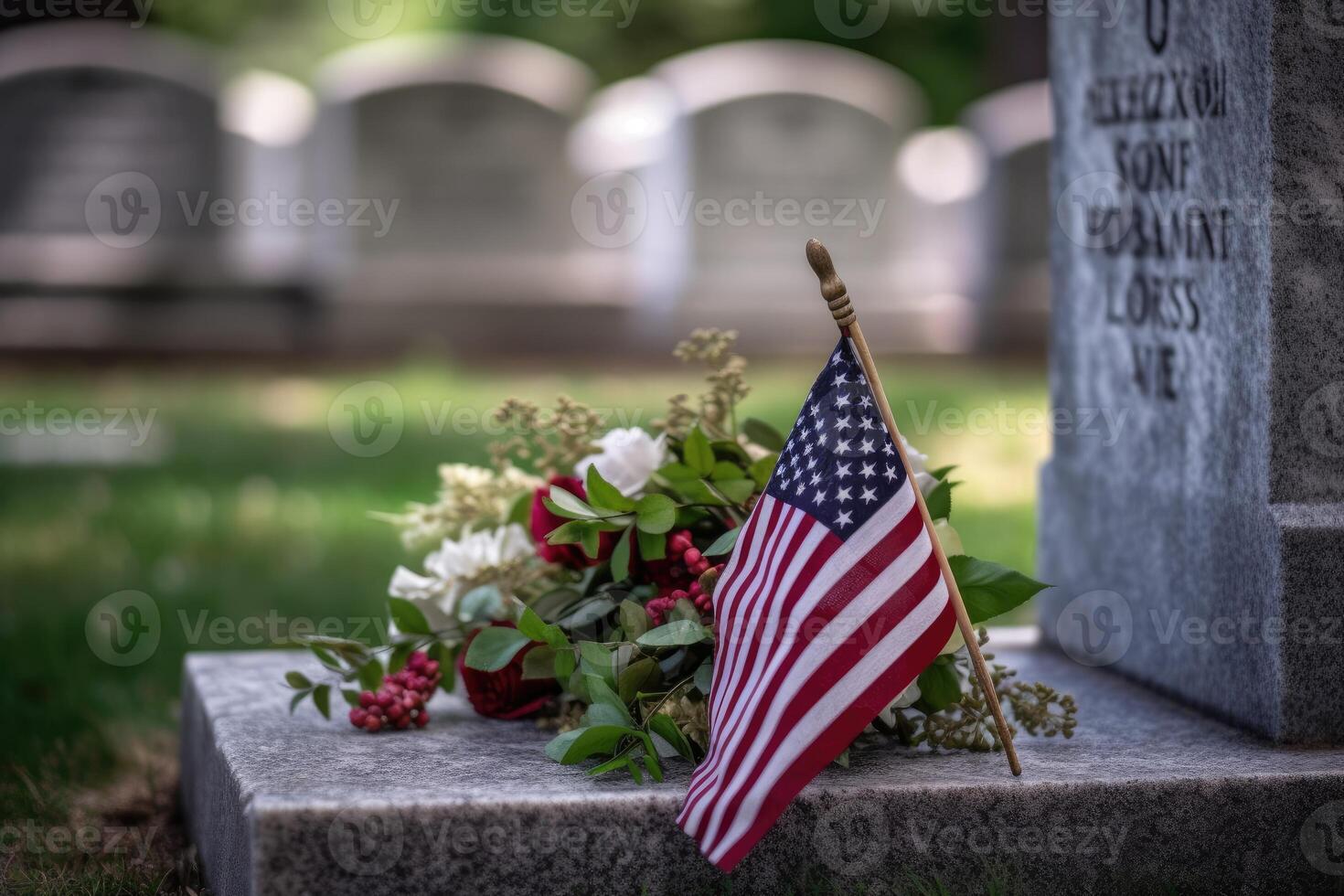 Memorial day photo with american flags in the cemetery.