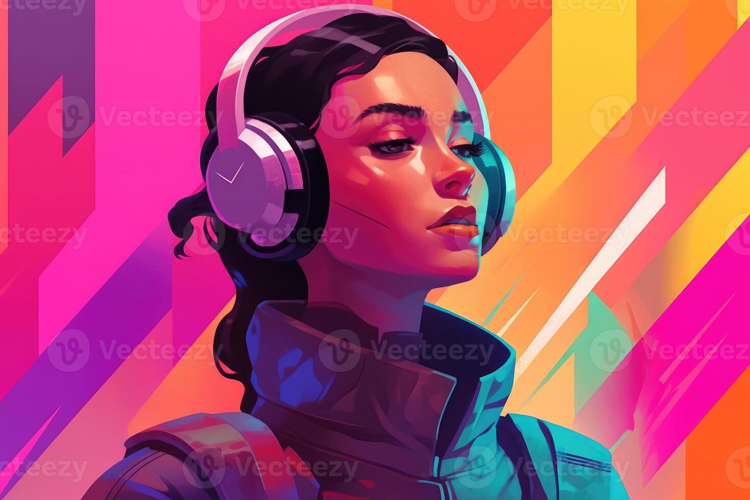 Abstract and retro futuristic robot woman illustration with multiple color laser neon effect. photo