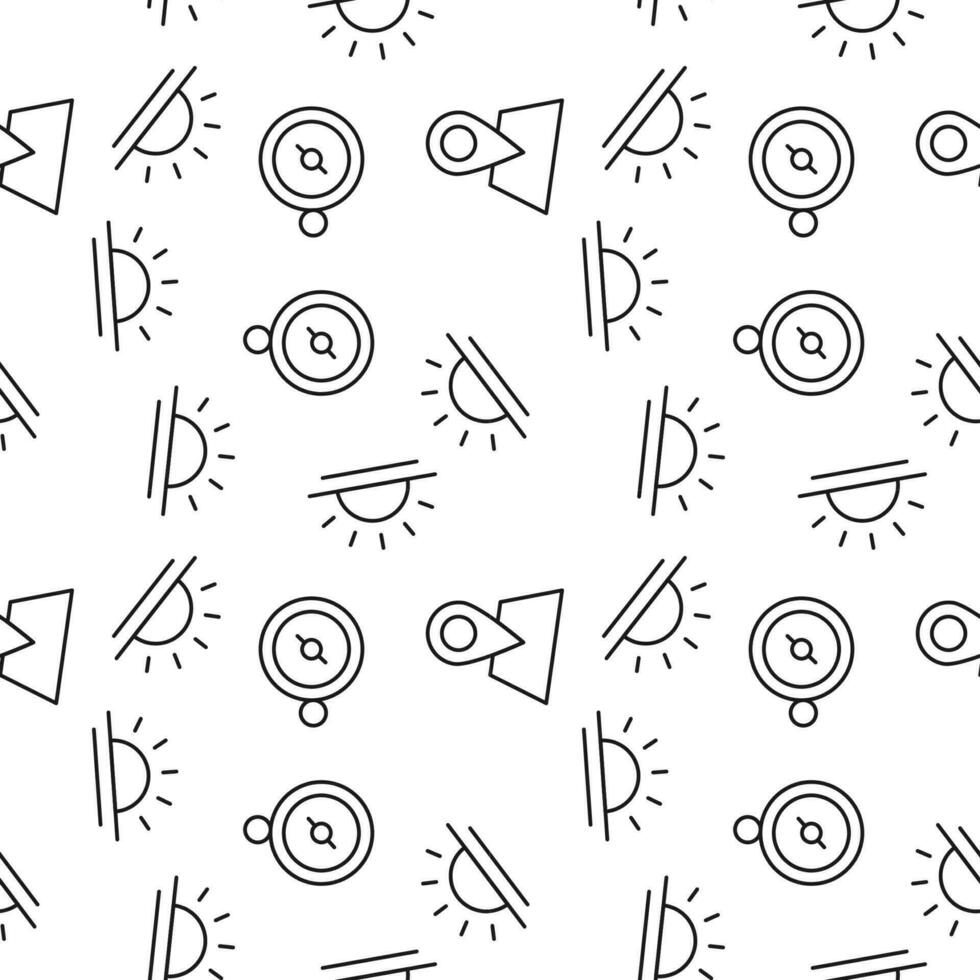 Seamless monochrome repeating pattern of sunset, compass, map pin vector