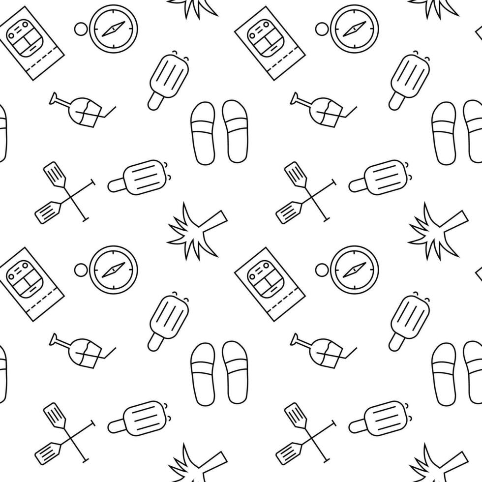 Seamless monochrome repeating pattern of flippers, luggage, puddles, compass, wine, palm, baggage vector