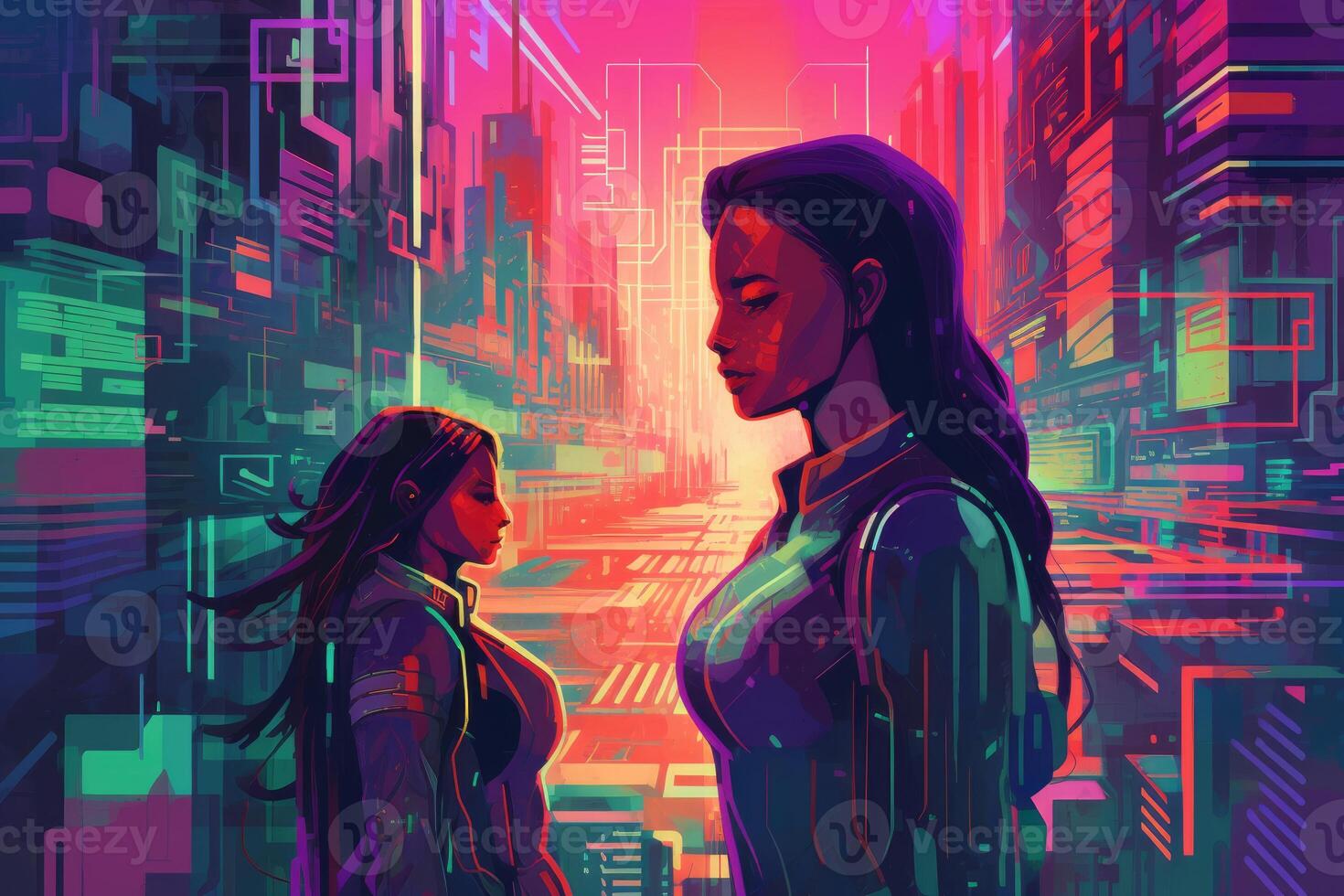 Abstract and retro futuristic robot woman illustration with multiple color laser neon effect. photo
