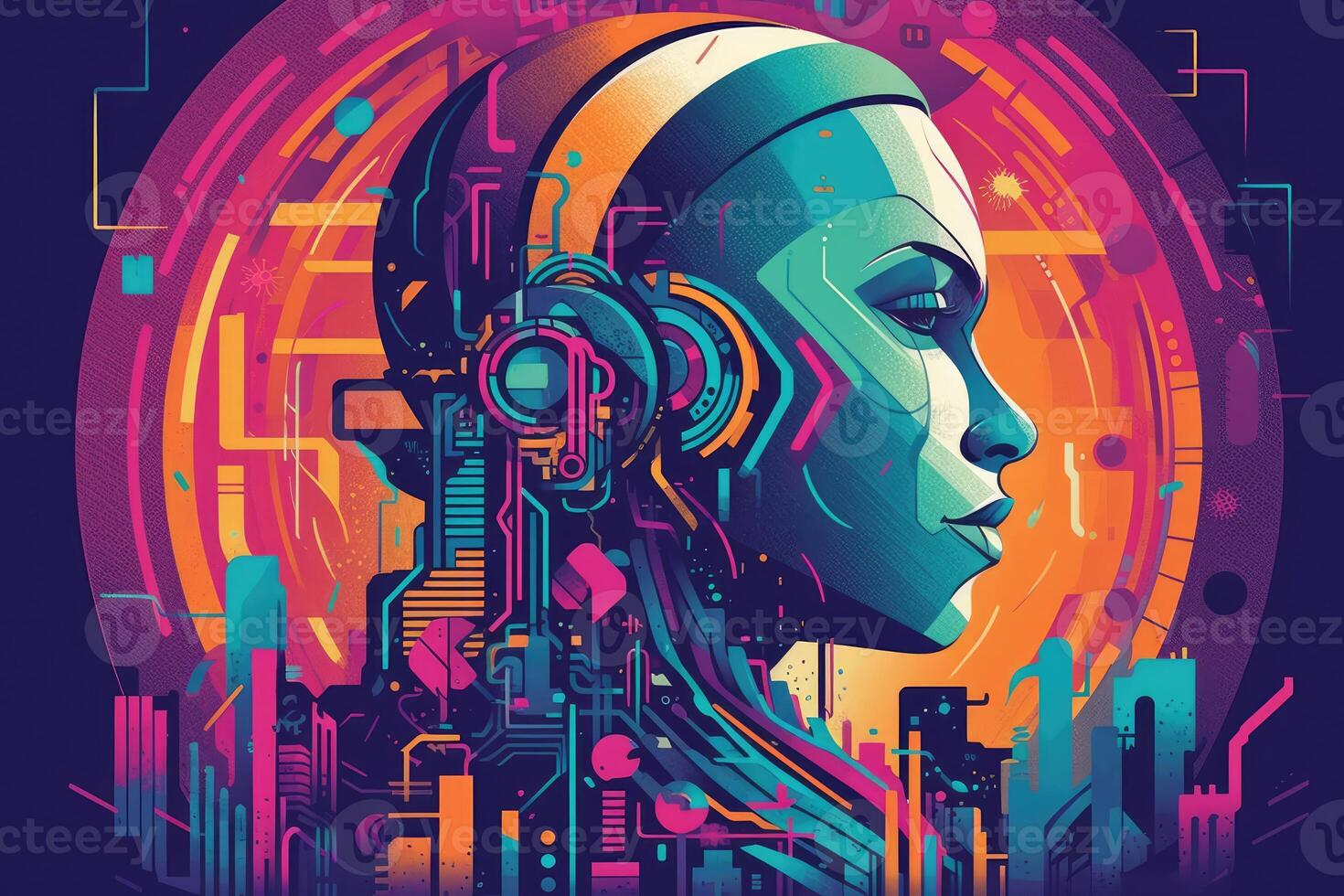 Abstract and retro futuristic robot woman illustration with multiple color laser neon effect. photo