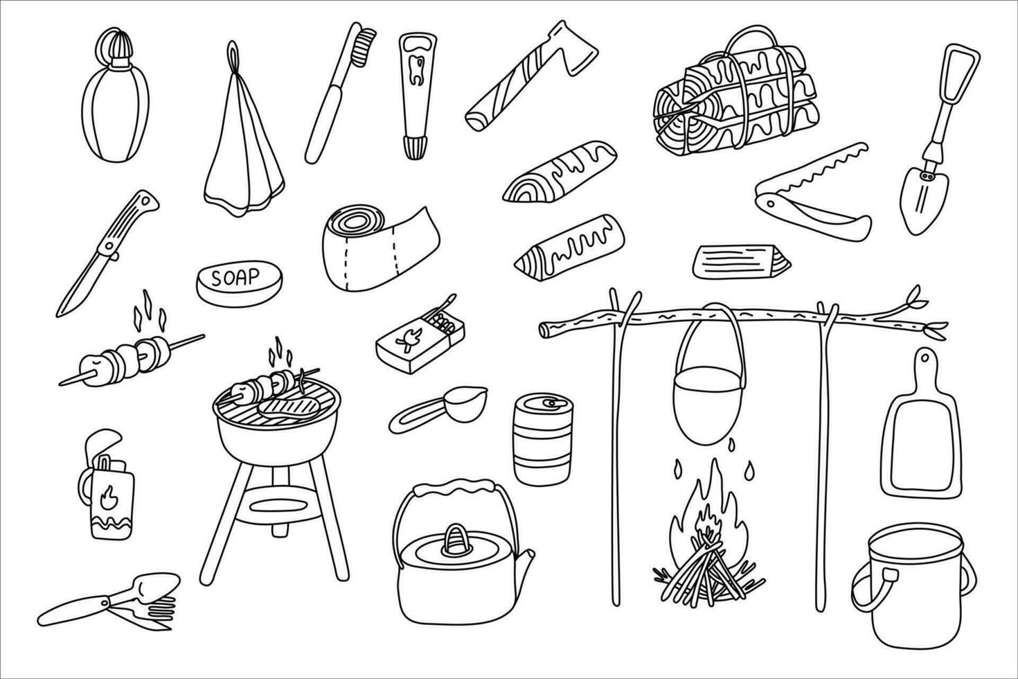 Set of vector illustrations of tourism and camping equipment in doodle style on white background. Isolated black outline. Local travel hand drawn icon collection. Summer nature rest and adventure.