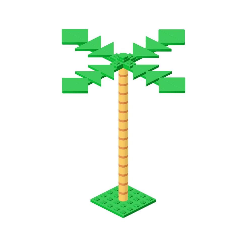 Palm tree assembled from plastic blocks in isometric style for printing and decoration. Vector illustration.
