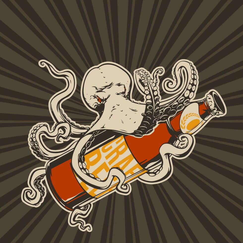 concepto con pulpo participación arte cerveza en handdraw estilo para impresión y decoración. vector ilustración.