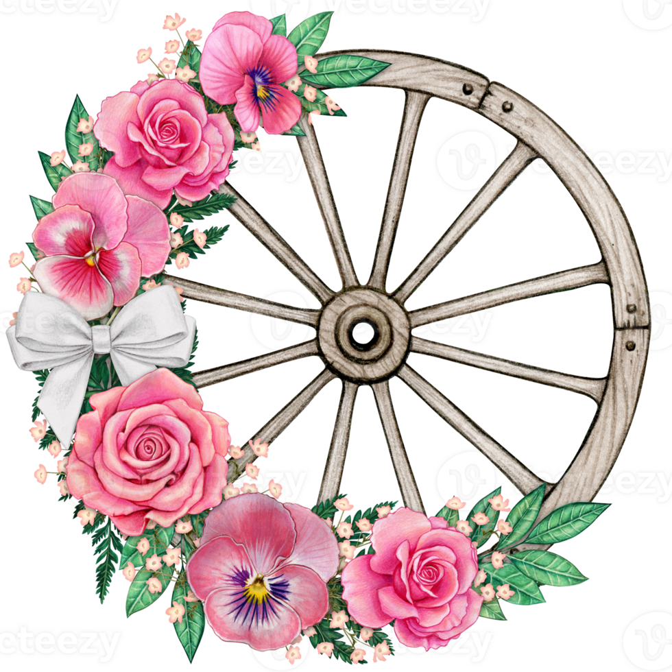 Watercolor shabby chic country wheel with pink roses and pansies png