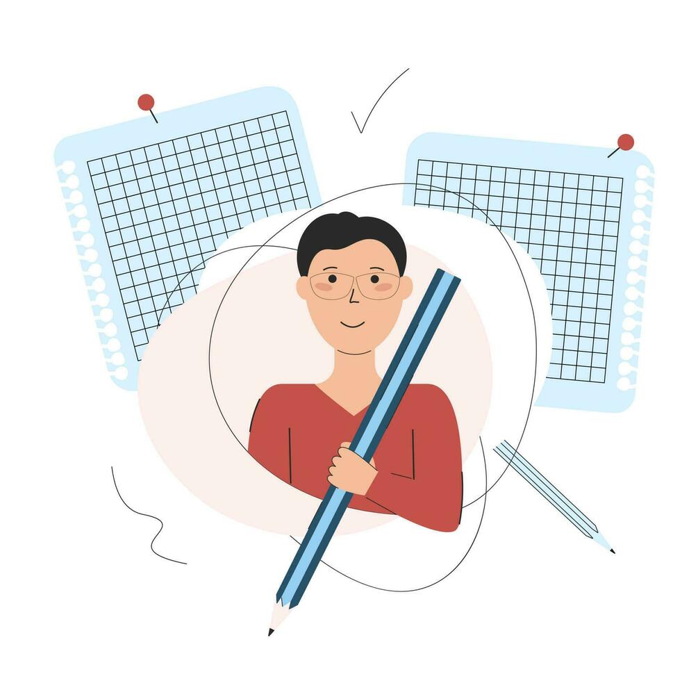 Young person with a large pencil. Copywriting and blogging concept. Flat boy and notepad paper. Student. Education. Vector illustration.