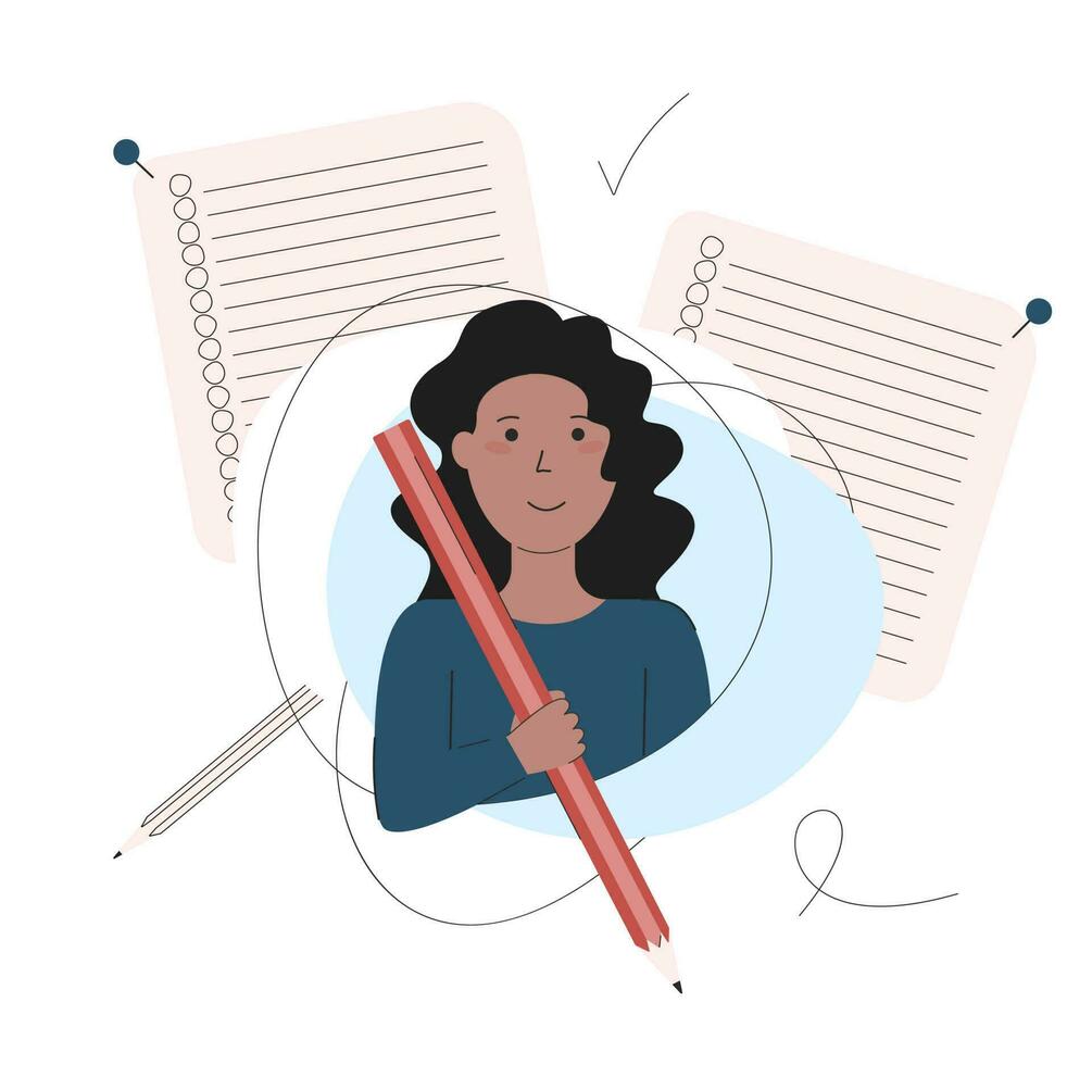 negro mujer escritura en un cuaderno. dibujos animados personaje con grande lápiz. plano estudiante estudiando con un lápiz. concepto de planificación y organización. vector