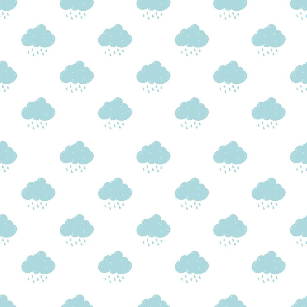 Cute cartoon cloud seamless pattern with rain drop, grey background, vector illustration. Flat Design Autumn Seamless Raincloud Pattern.