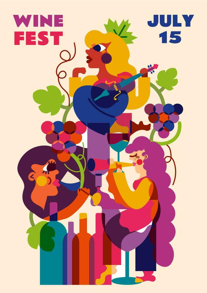 Illustration for the wine festival. Grapes, music, a relaxing, festive atmosphere and a lot of wine pouring into a glass of summer evening air. Great for printing and will make your ad stand out vector