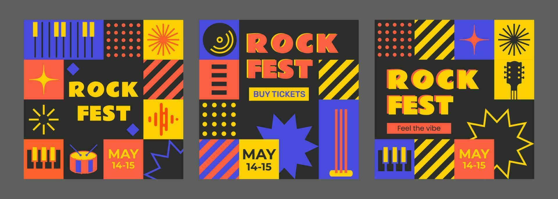 Flat design mosaic rock music festival. Set of editable template for social media, event poster, flyer, invitation, cover, banner. Summer fest, concept of live music festival. vector