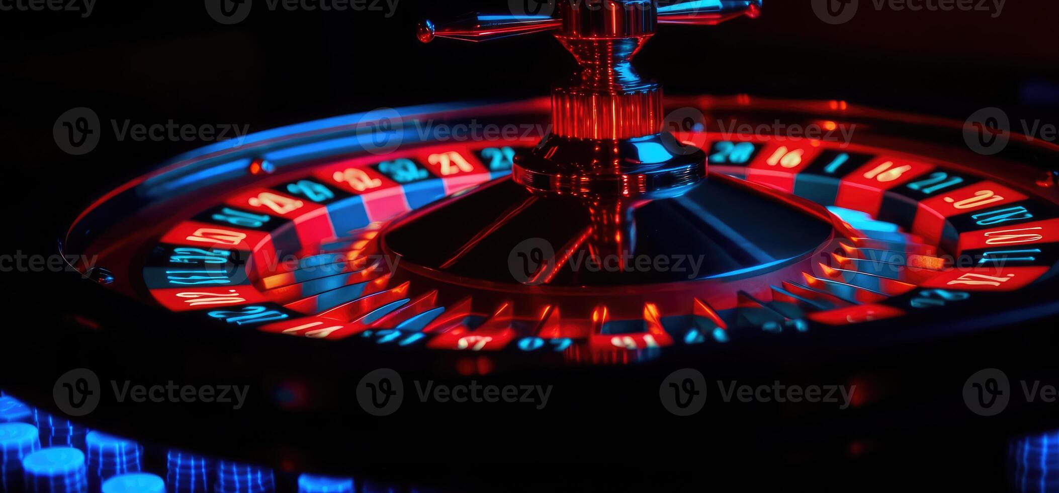 Roulette wheel with blue background and lights, casino photo. photo