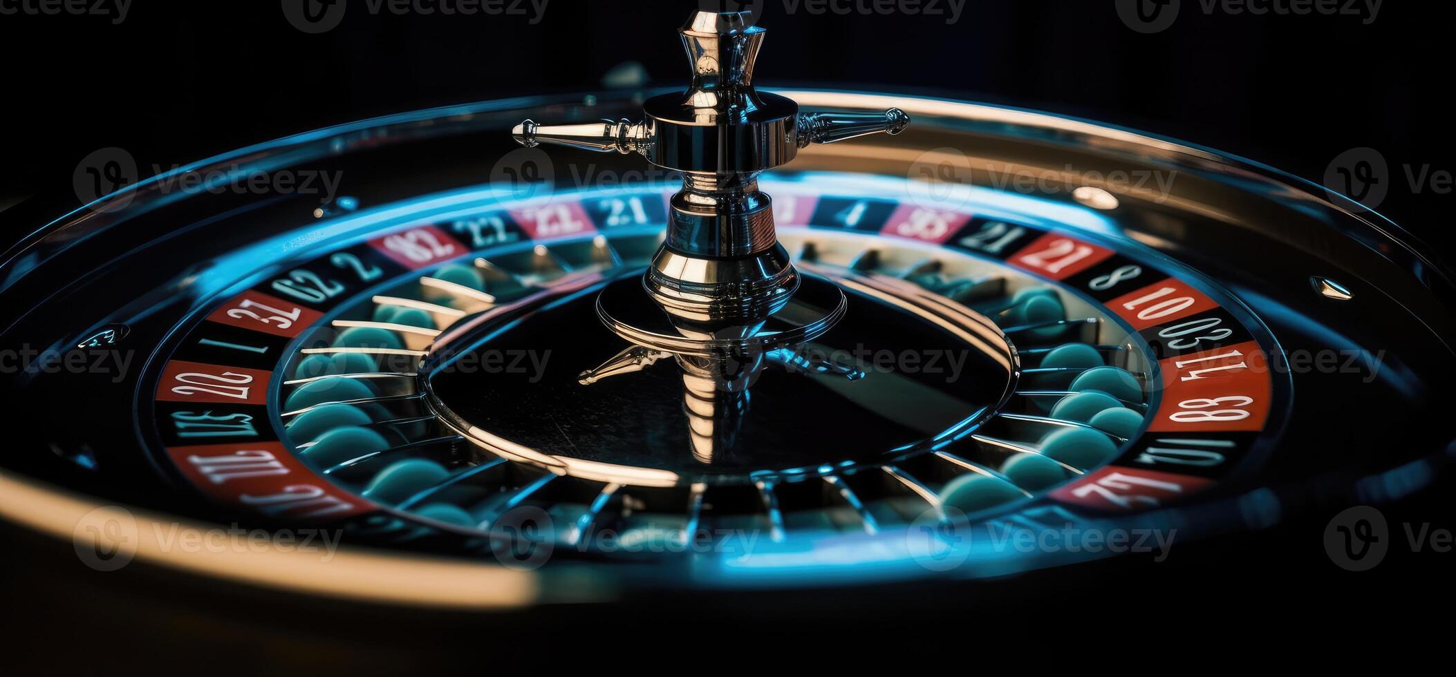 Roulette wheel with blue background and lights, casino photo. 23290606