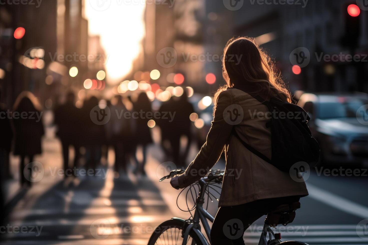 Photo of a person riding a bike in the city crowd under the lights at night in the city, and among the crowds of people. .