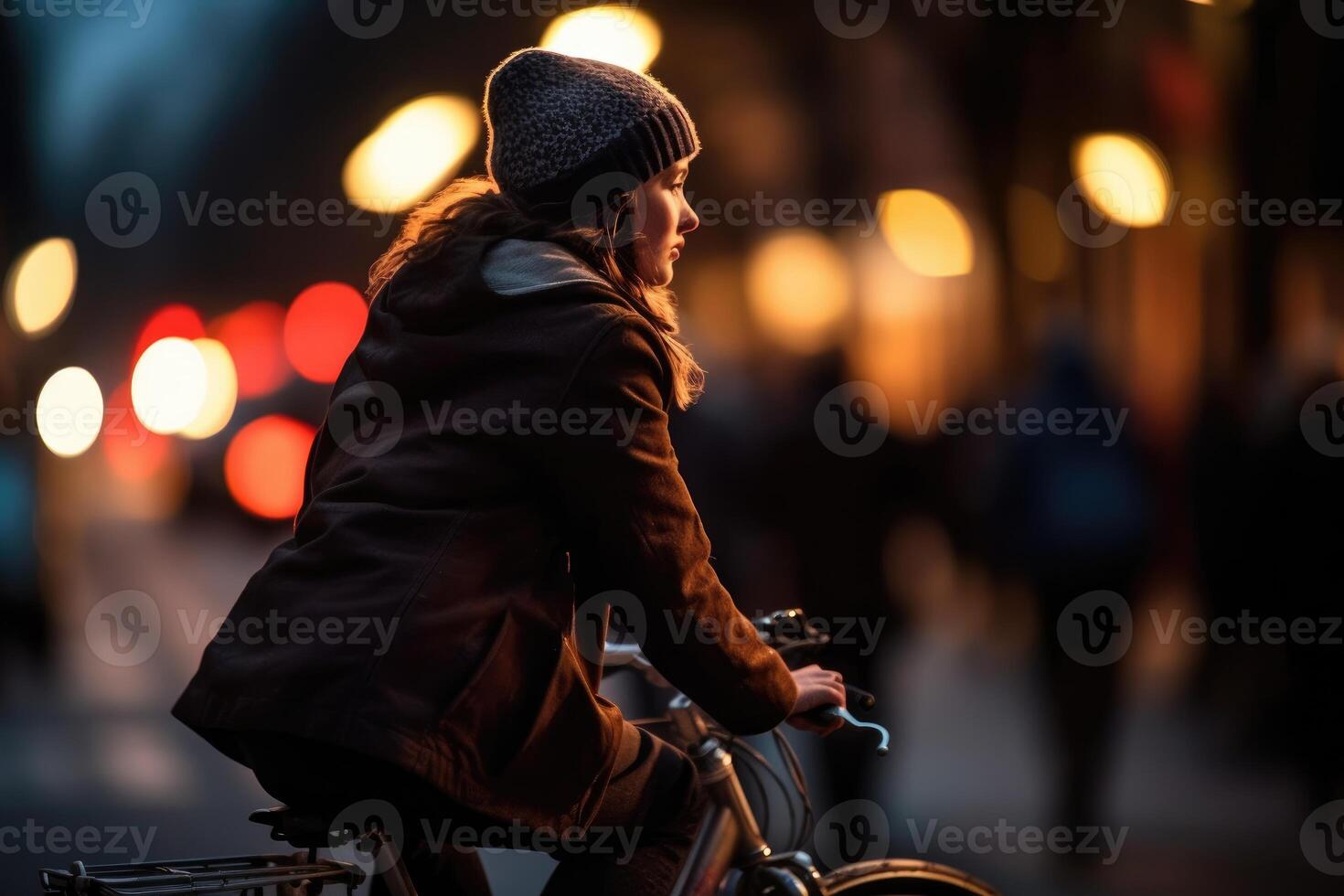 Photo of a person riding a bike in the city crowd under the lights at night in the city, and among the crowds of people. .