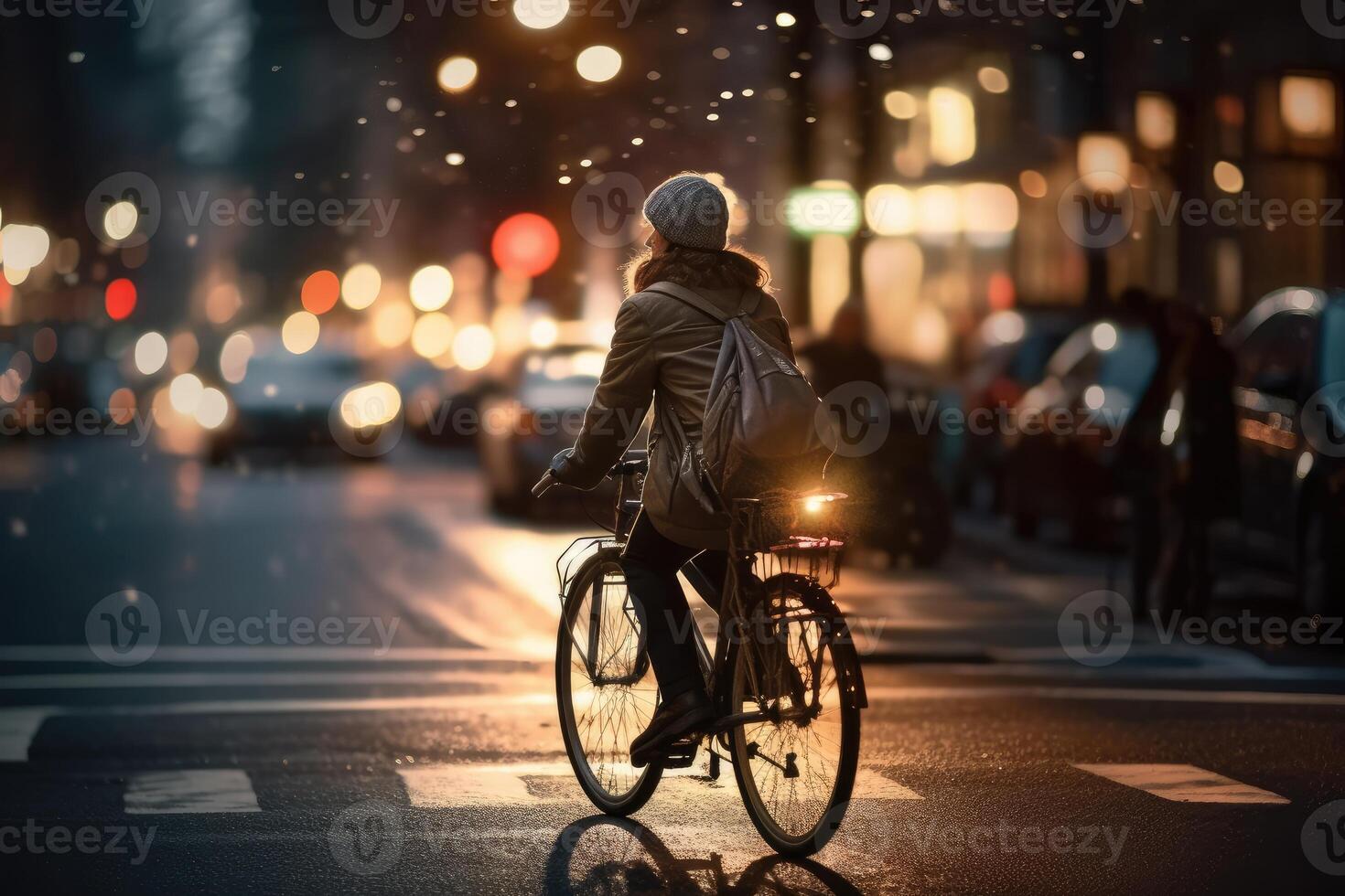 Photo of a person riding a bike in the city crowd under the lights at night in the city, and among the crowds of people. .