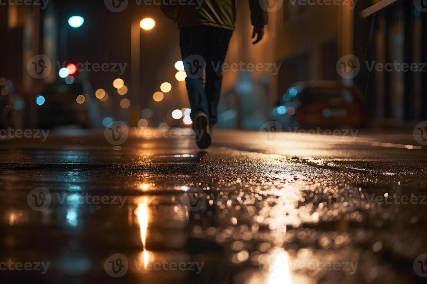 Photo of an athlete jogging in front of bokeh lights at night in the city.