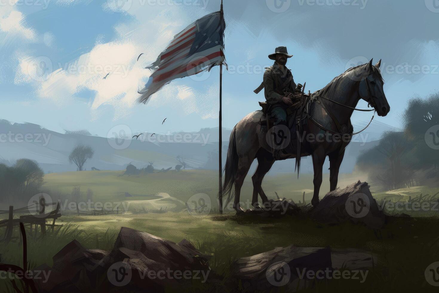 Memorial Day illustration. Design with American flags, soldiers and tombstones with photo