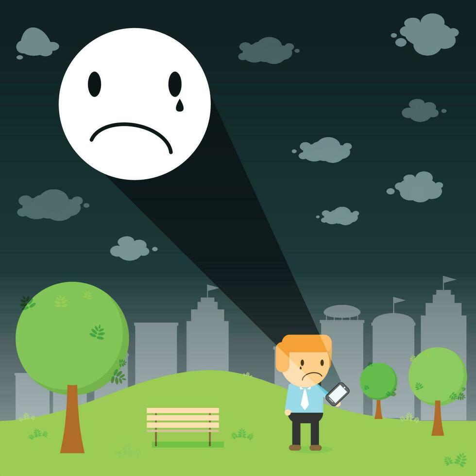 man through the emotional cry resonance  on smart phone in the park vector