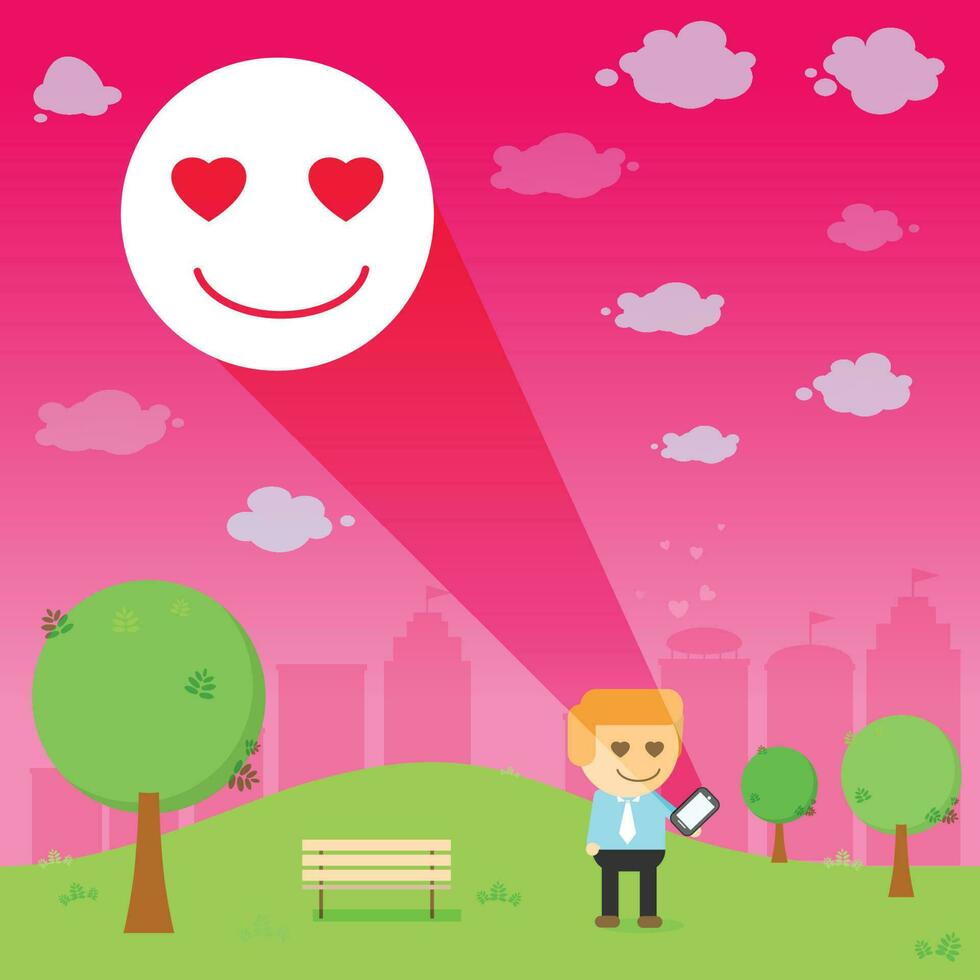 man through the emotional love resonance  on smart phone in the park vector