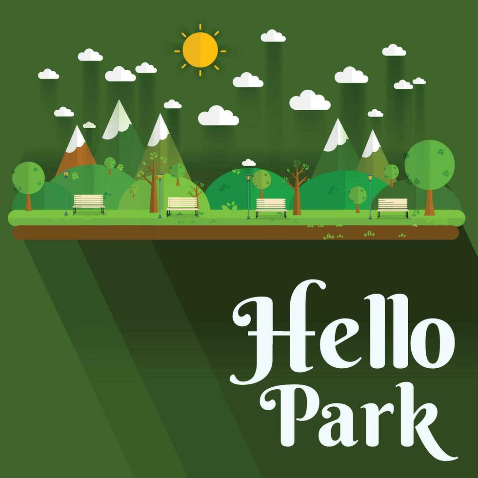 hola parque. paisaje natural en el estilo plano. un hermoso parque paisaje natural respetuoso con el medio ambiente vector