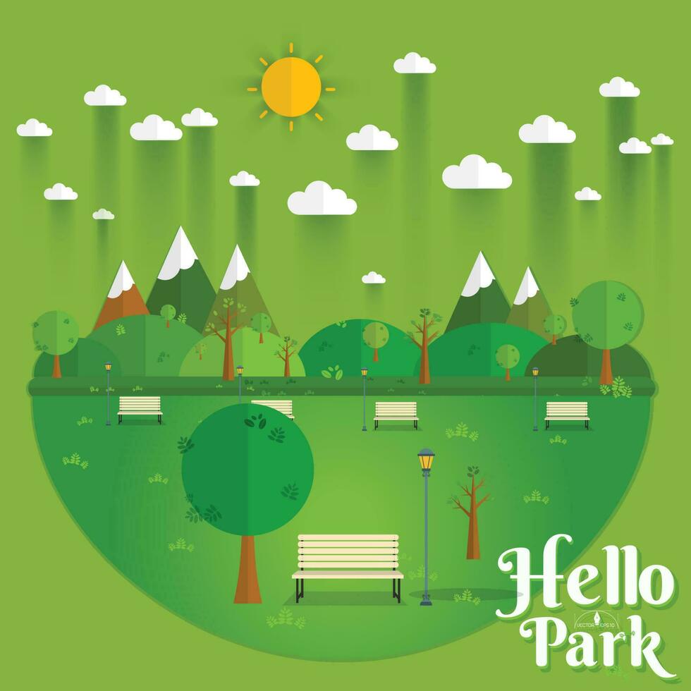 hola parque. paisaje natural en el estilo plano. un hermoso parque paisaje natural respetuoso con el medio ambiente vector