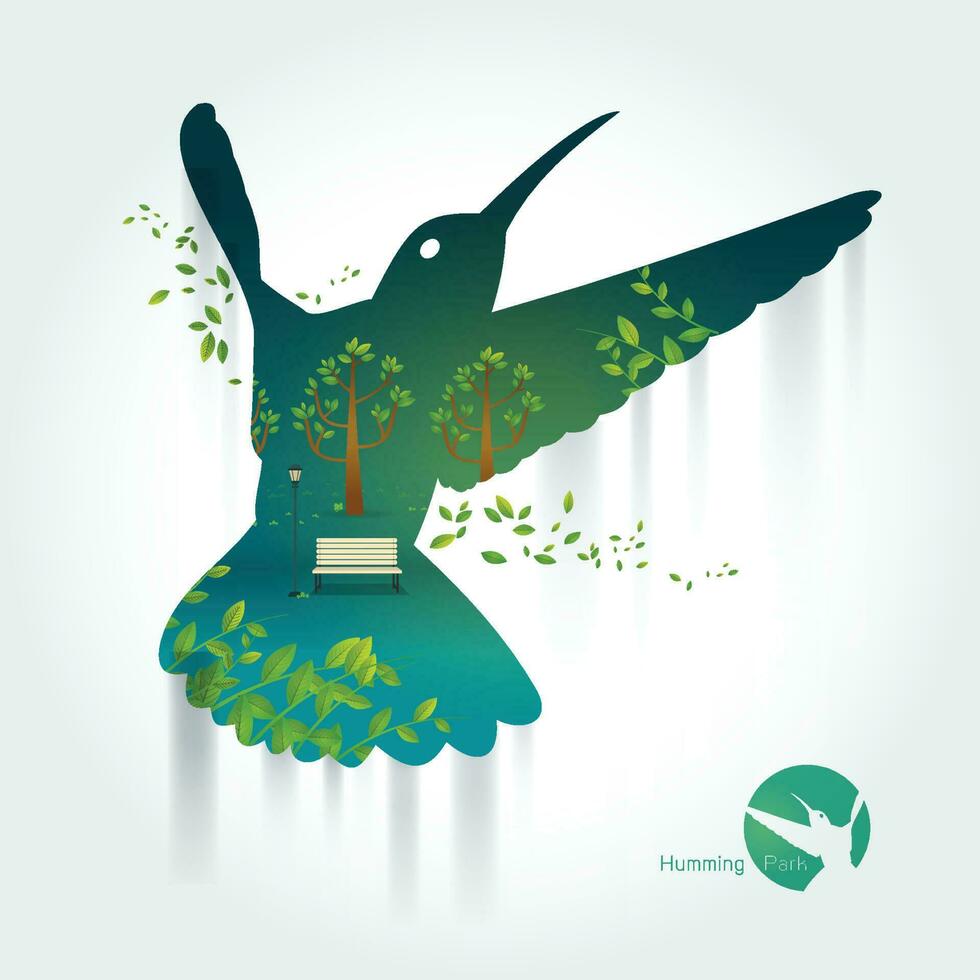 silueta de colibrí con parque en un paisaje exótico vector