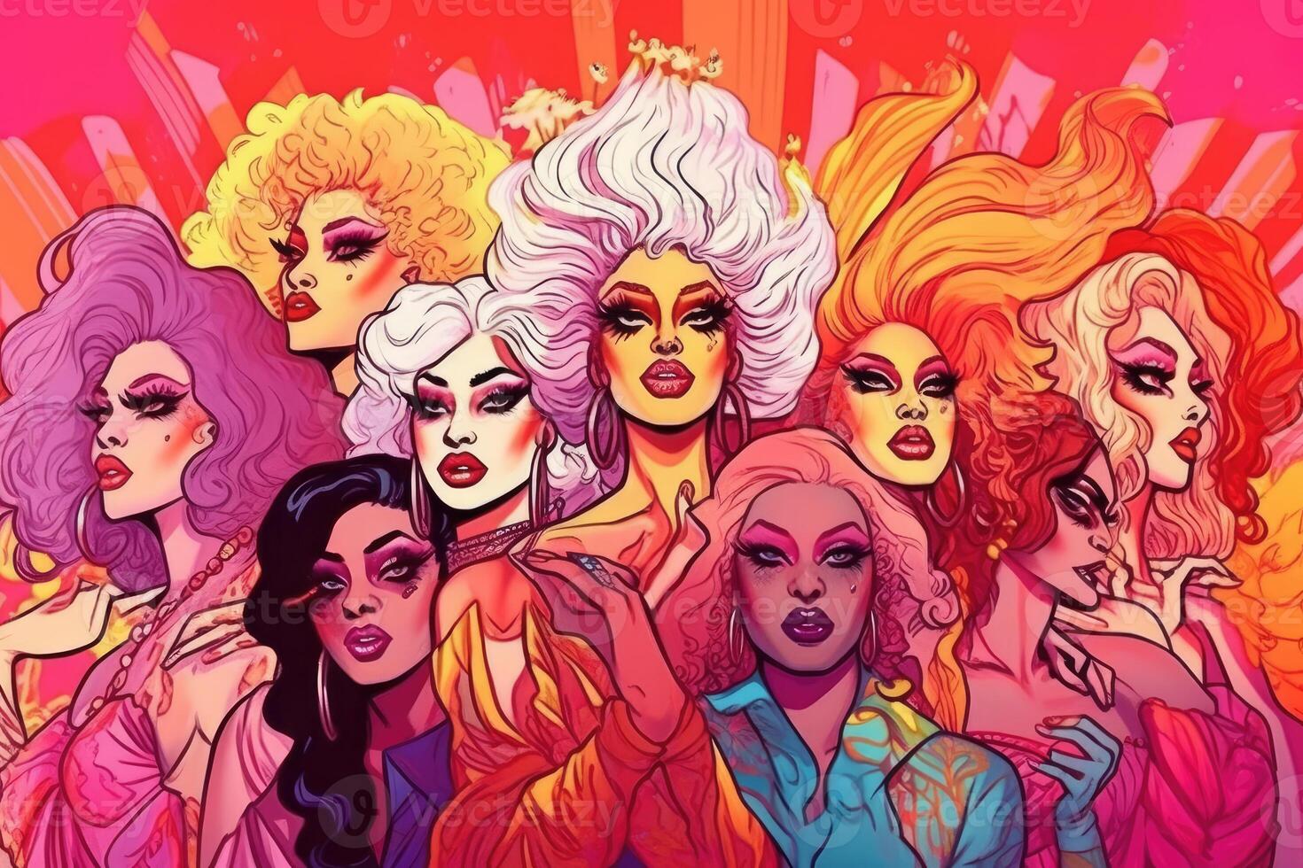 Men dressed up as a woman on colorful background, Drag queen illustration for Pride month. photo