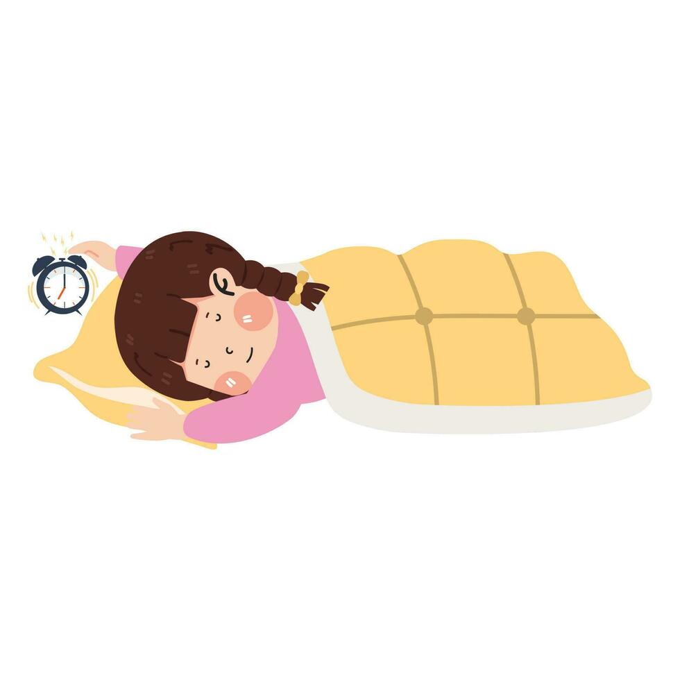 girl sleeping on pillow covered blanket with alarm clock vector