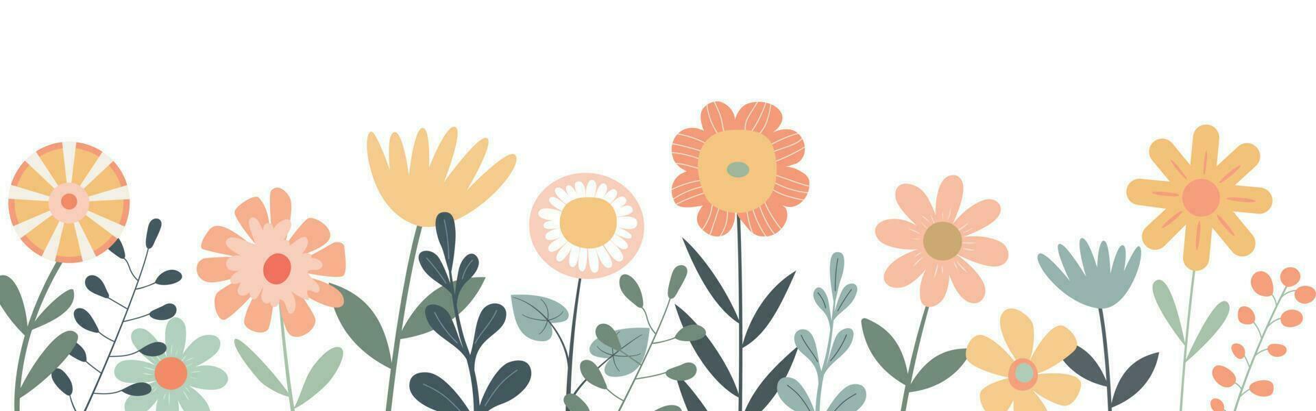 primavera y verano arreglo con resumen flores vistoso minimalista jardín flores en un fila. aislado en blanco antecedentes. diseño para web, etiquetas, y pancartas vector