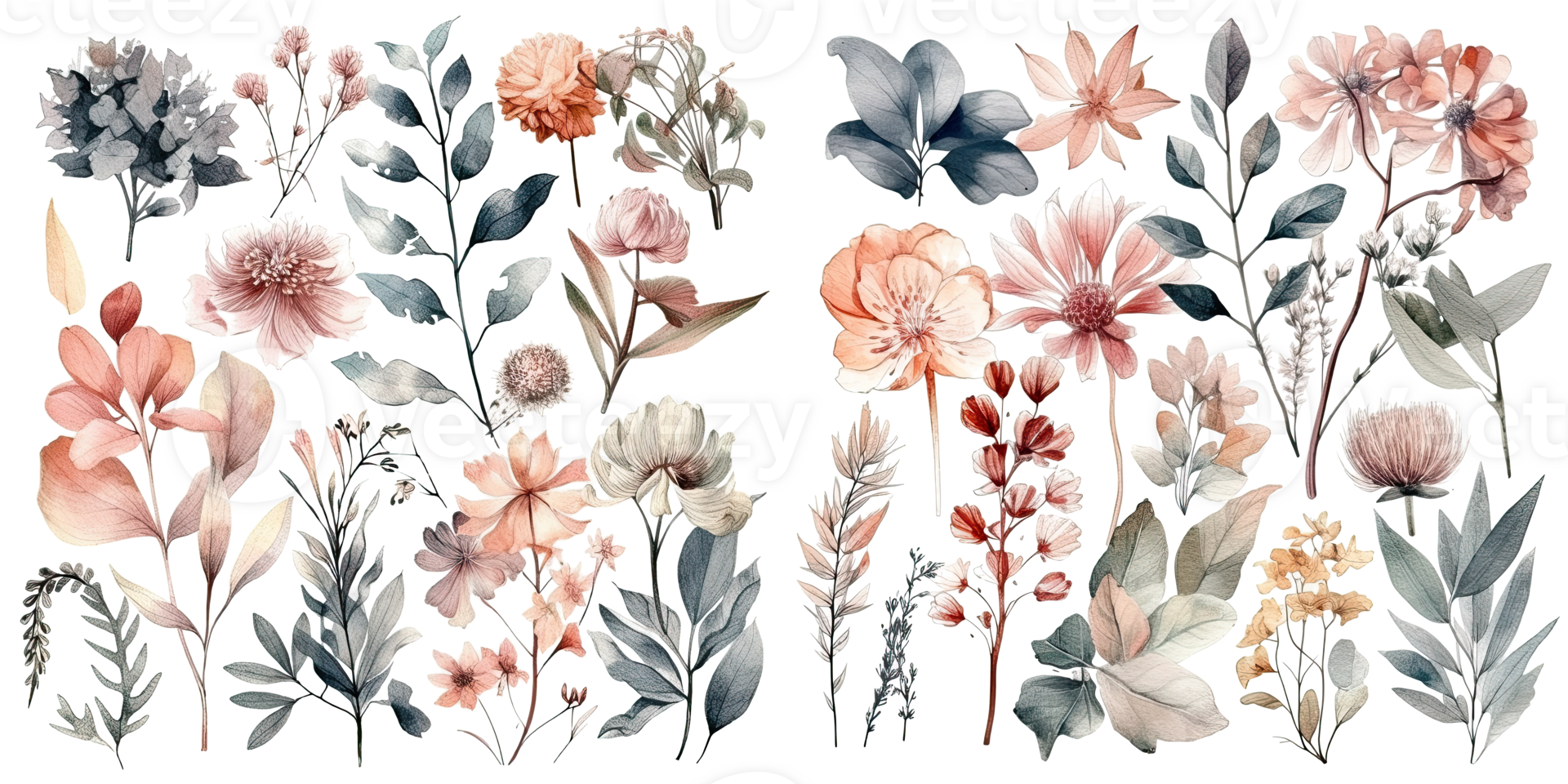 Set of watercolor flowers, leaves png