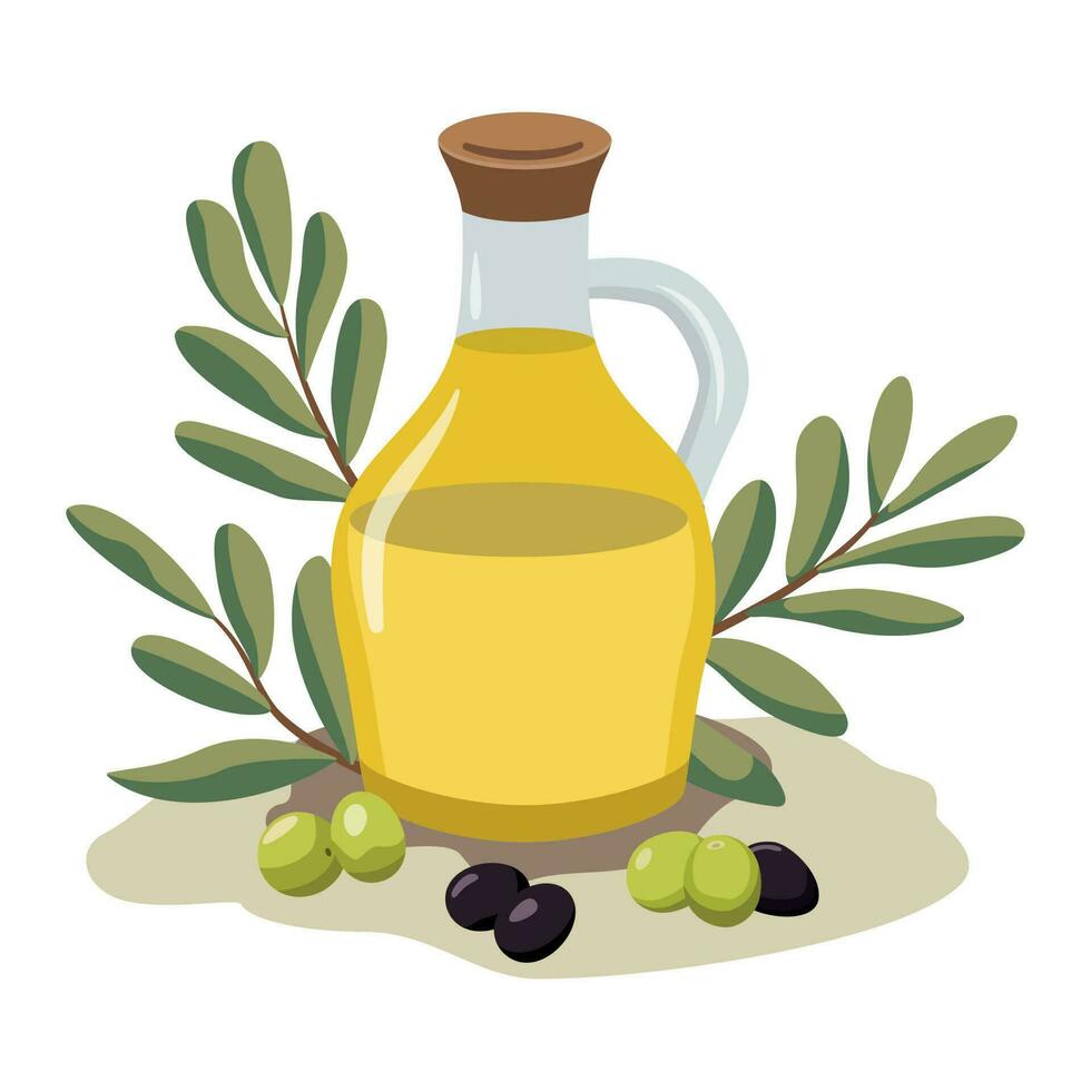 Vector glass bottle of olive oil and olives with leaves. Isolated on white background. Vector cartoon illustration