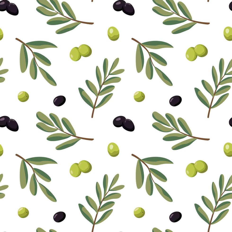 Vector seamless pattern with ripe black and green olives. Isolated on white background. Design for wrapping paper, wallpaper, backdrop.