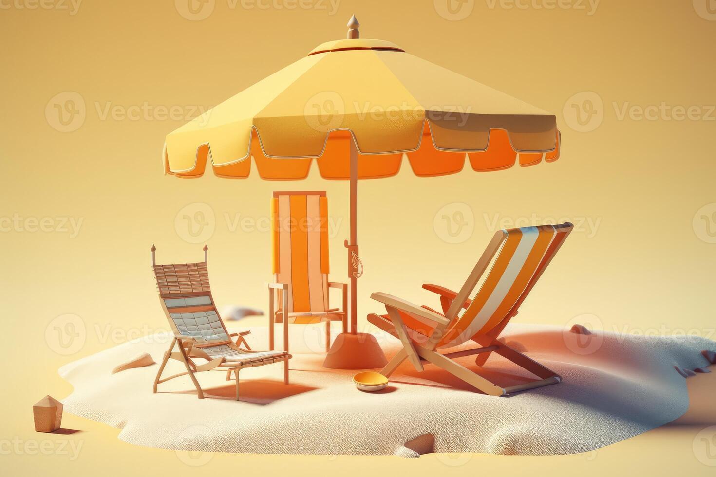 Sun lounger and umbrella in a sunny beach, 3D Render. photo